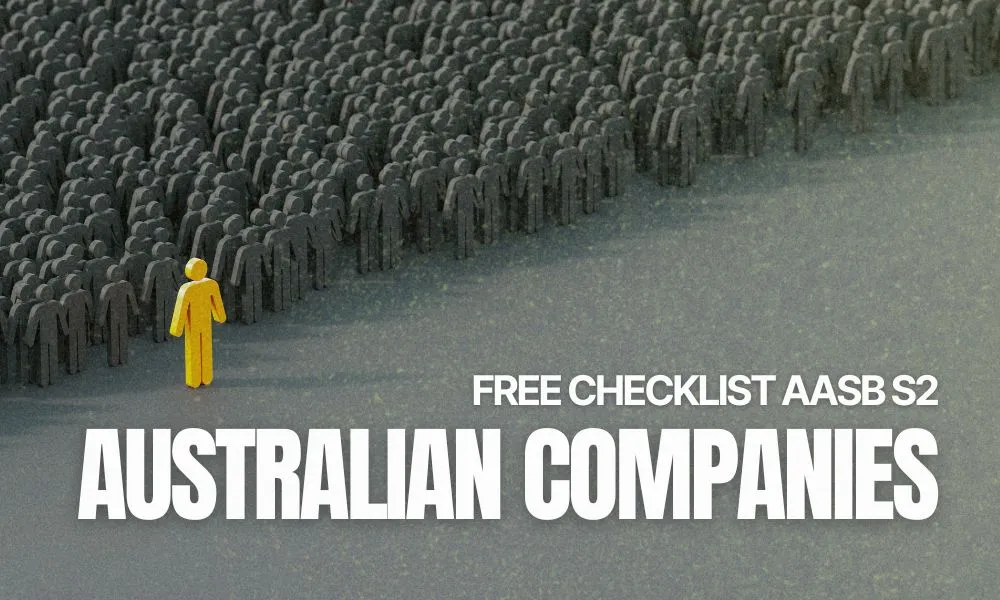 A single orange human figure standing out from a large grey crowd, with the words 'Free Checklist AASB S2 — Australian Companies', illustrating a free AASB S2 reporting checklist for Australian climate disclosure preparers.