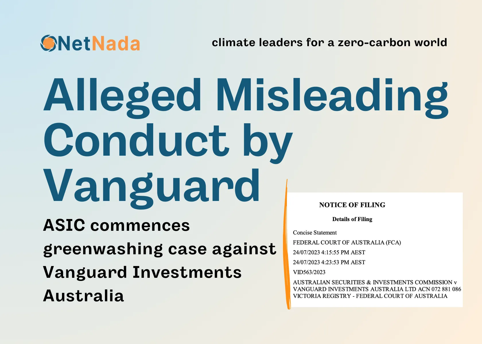 ASIC Lodges Civil Penalty Proceedings Against Vanguard Investments Australia Over Alleged ESG Misleading Conduct