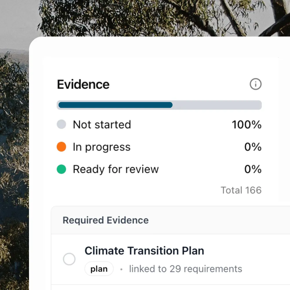 Climate transition plan evidence tracker showing completion status