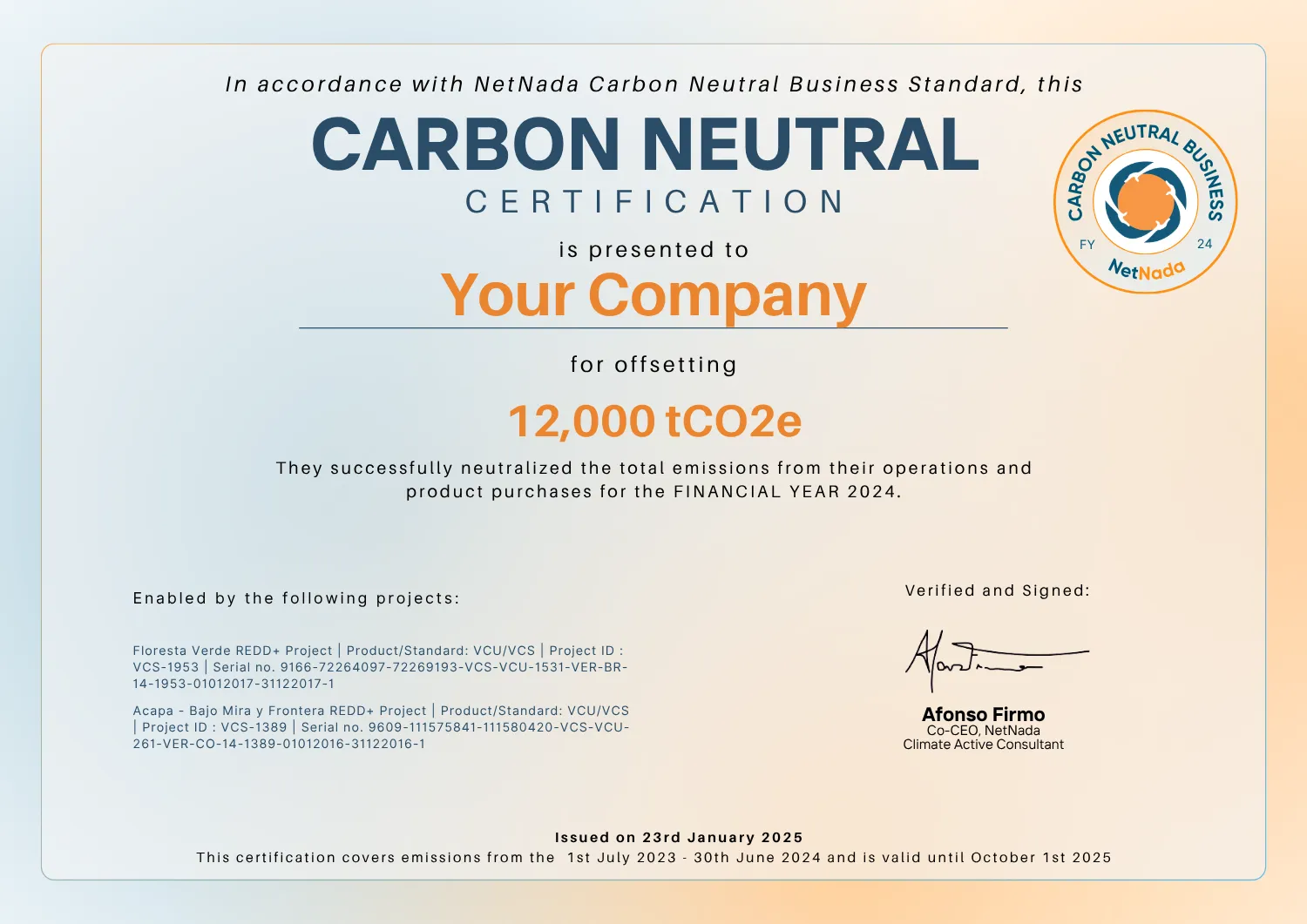 Example NetNada Carbon Neutral Business Certification presented to a certified company for offsetting its annual emissions.