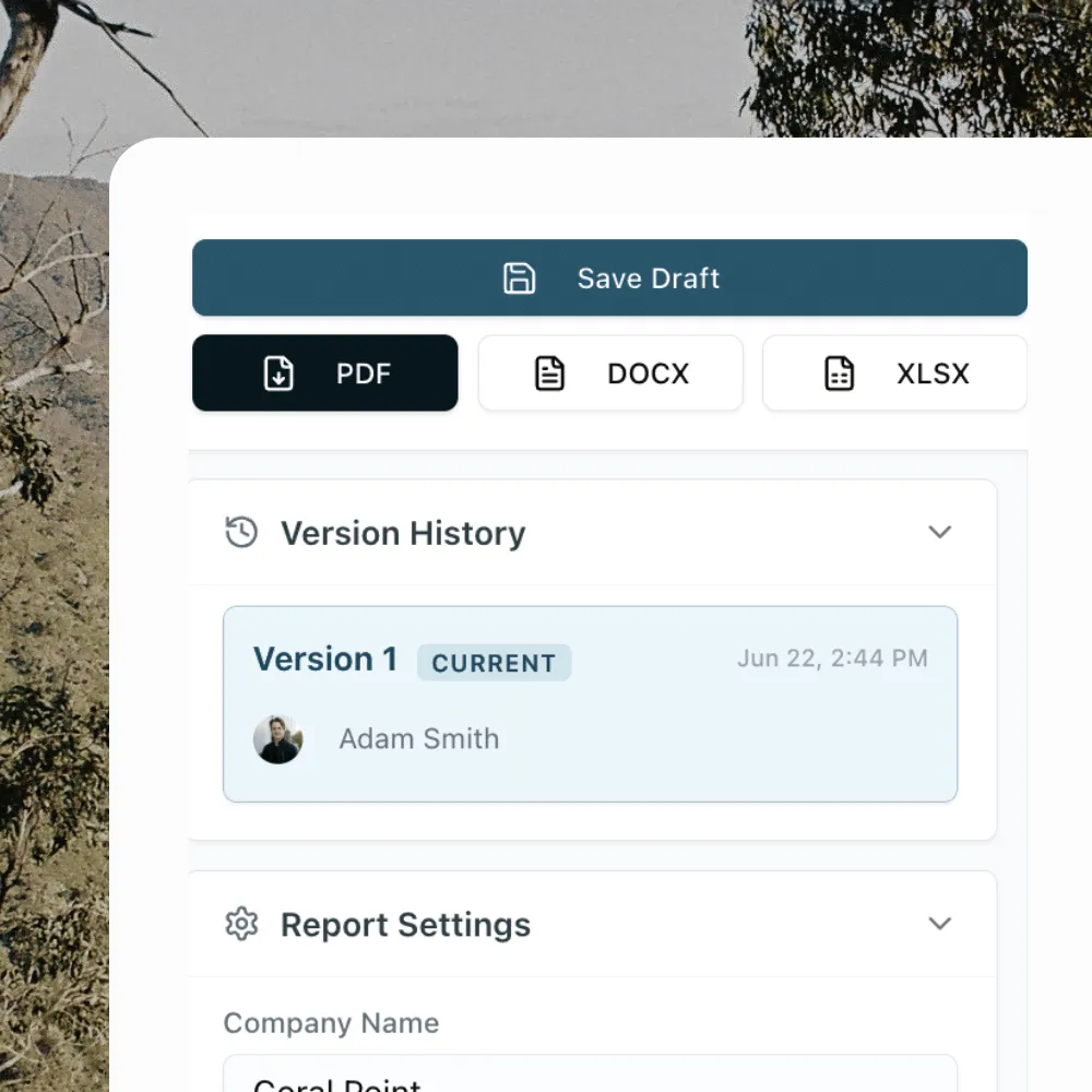 Climate report export options with version history and sign-off