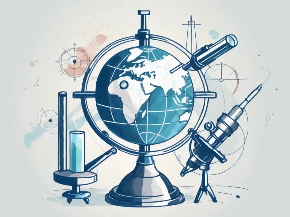 Image of a globe with scientific laboratory tools surrounding it
