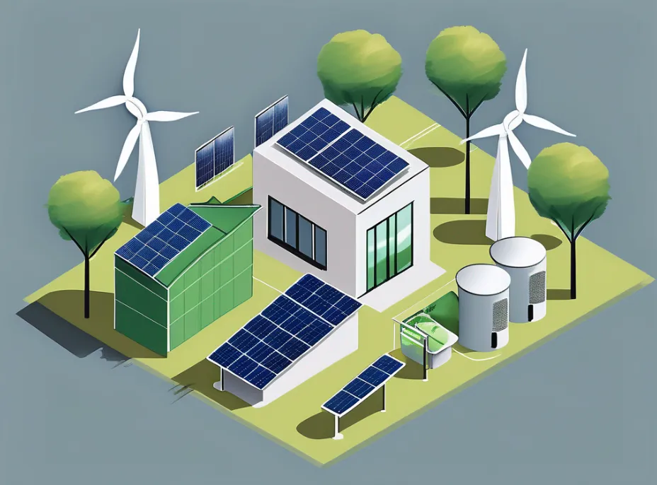 image of a sustainable small and medium-sized business using solar panels and windmills