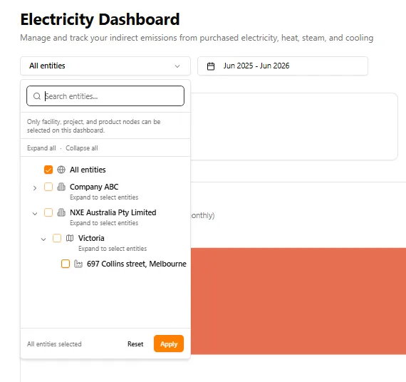 Electricity Dashboard now uses the same searchable entity filter with expandable hierarchy
