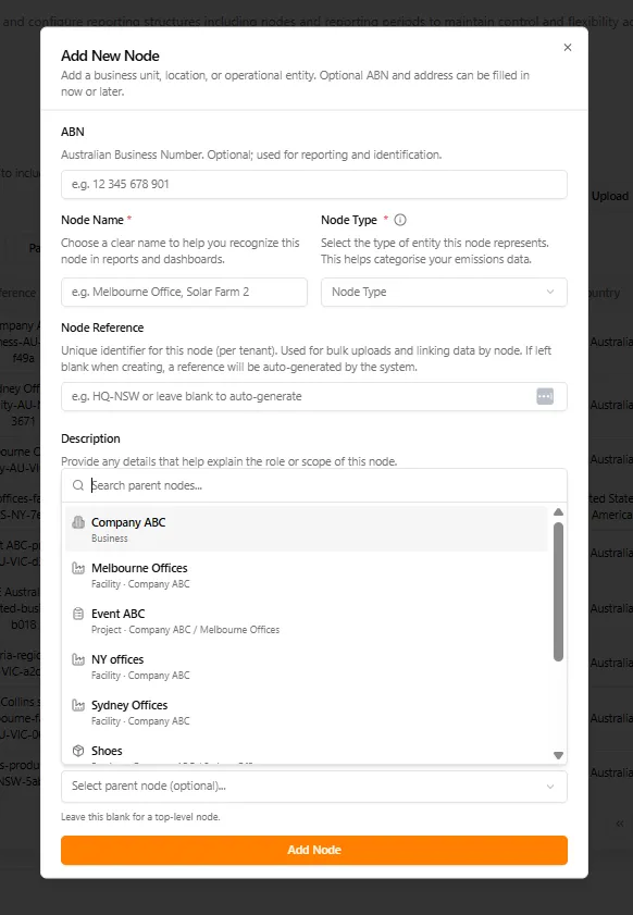 Searchable parent node selection with hierarchy context when adding a new node