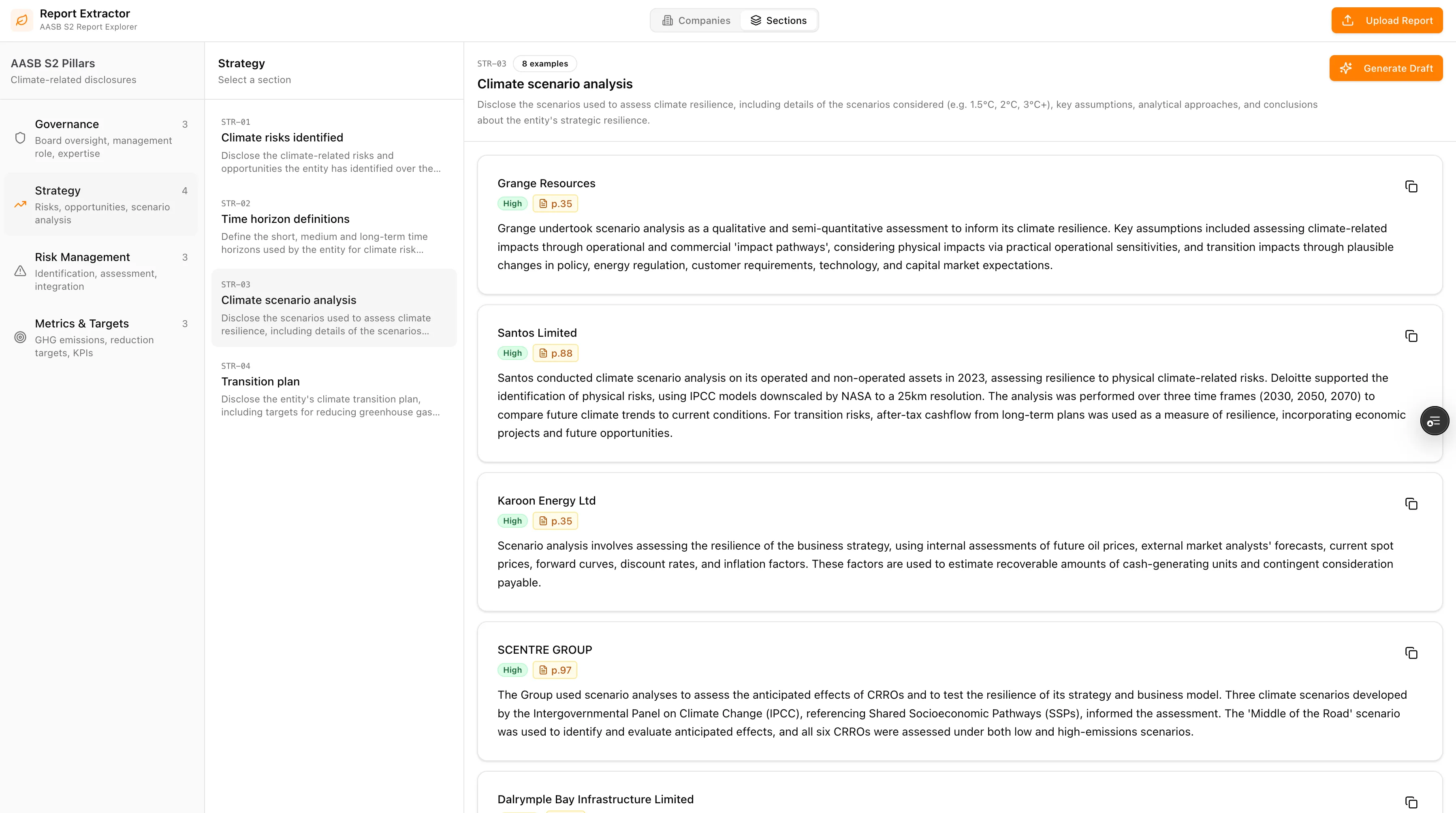 Climate scenario analysis aggregated across multiple companies inside the Report Extractor