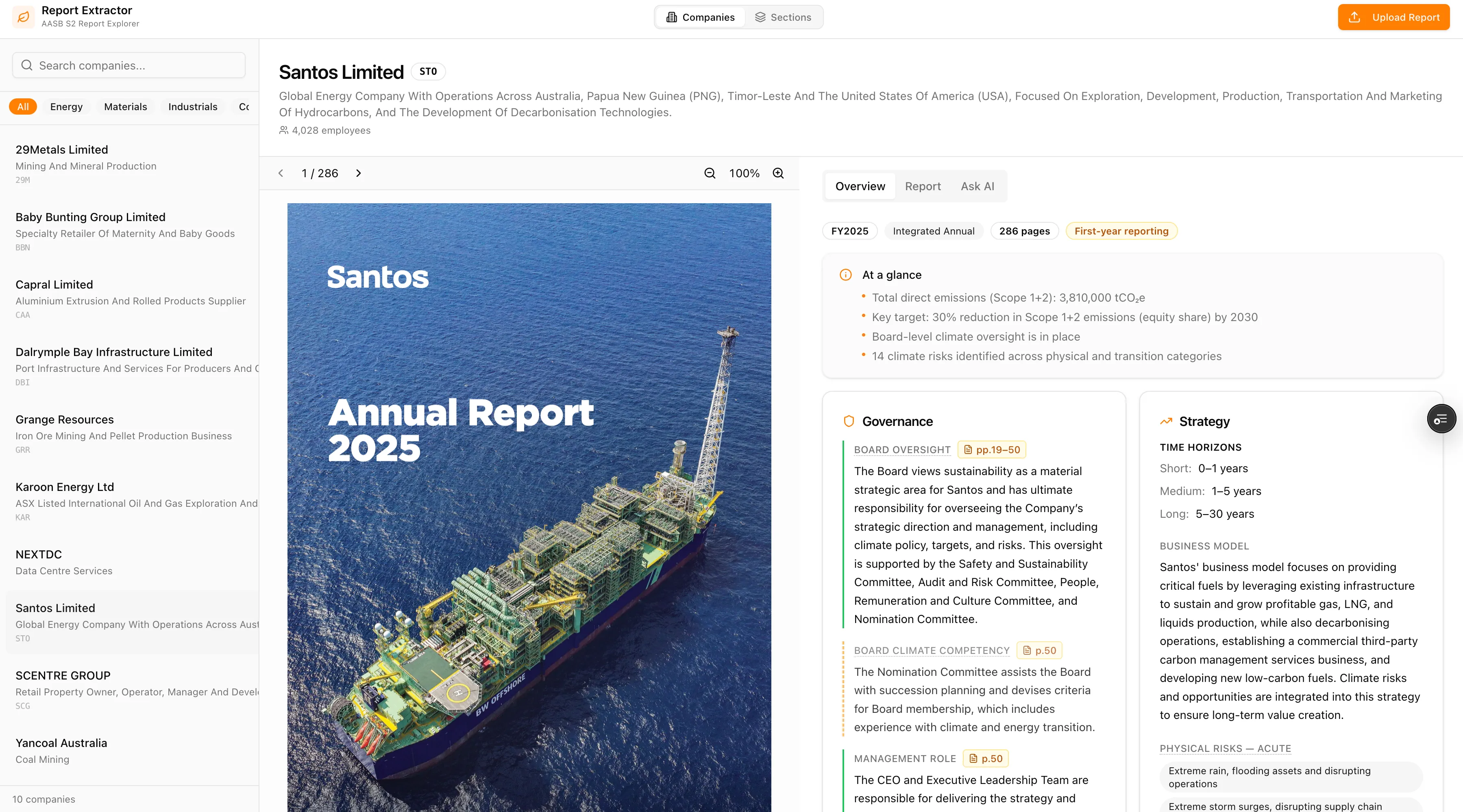 AASB Report Extractor showing a Santos Limited annual report with an at-a-glance summary, governance, and strategy panels