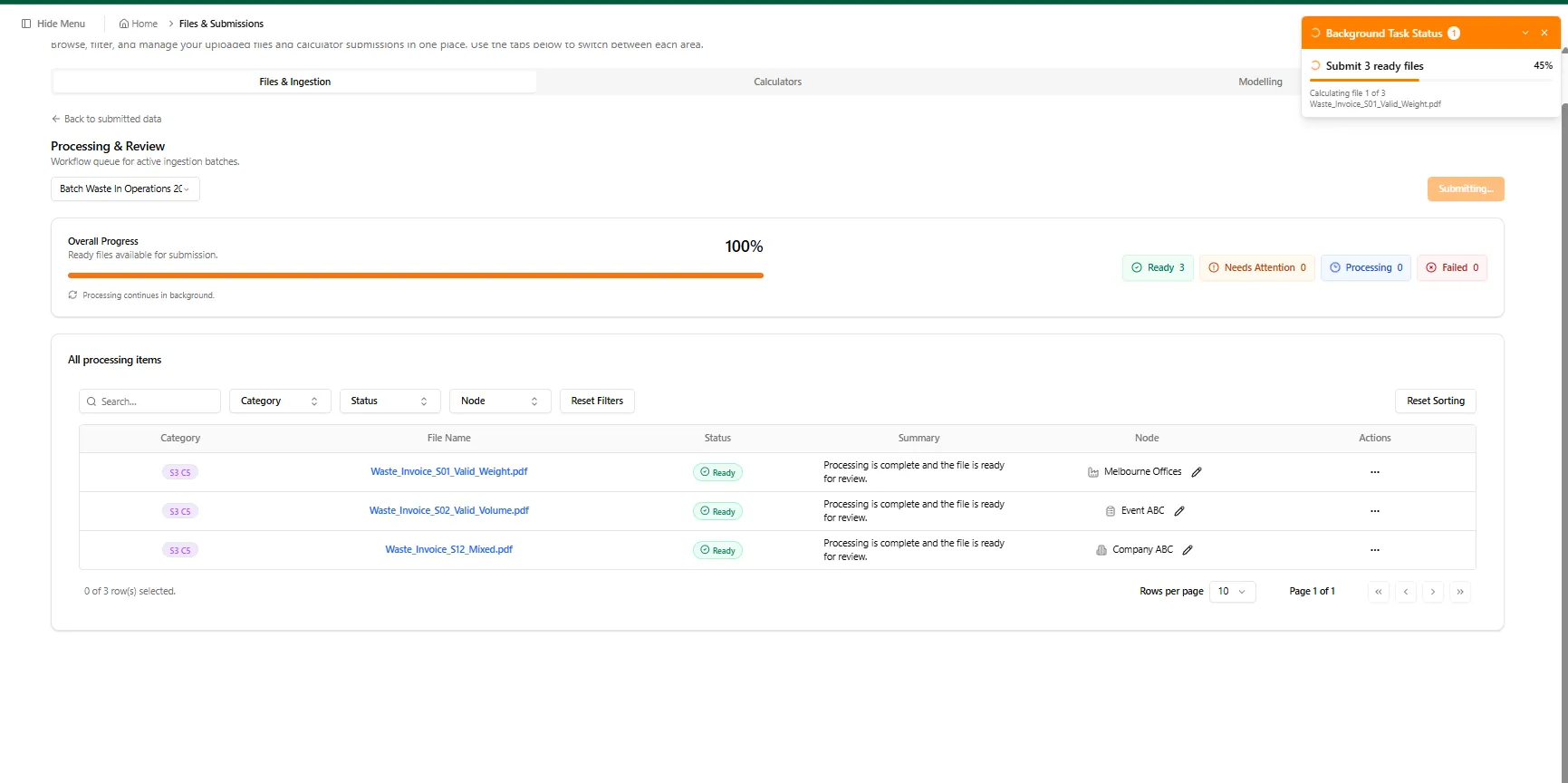 Background Task Status panel showing a 3-file submission progressing while the Processing &#x26; Review view stays open