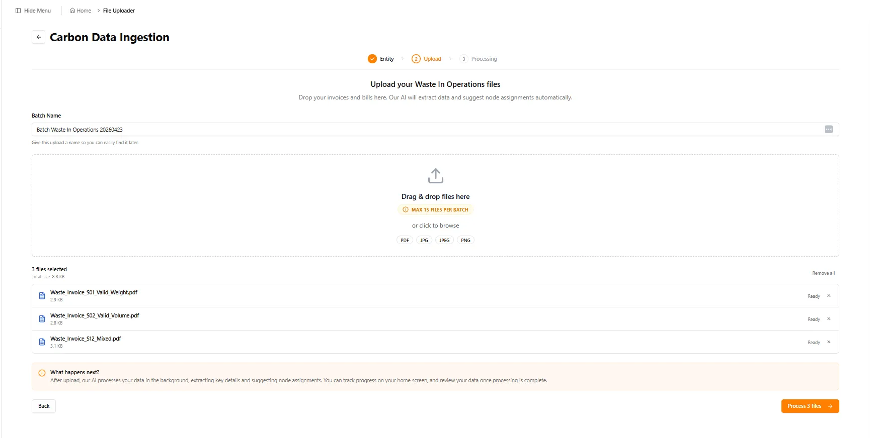 Upload step showing a named batch with three waste invoice files ready to process