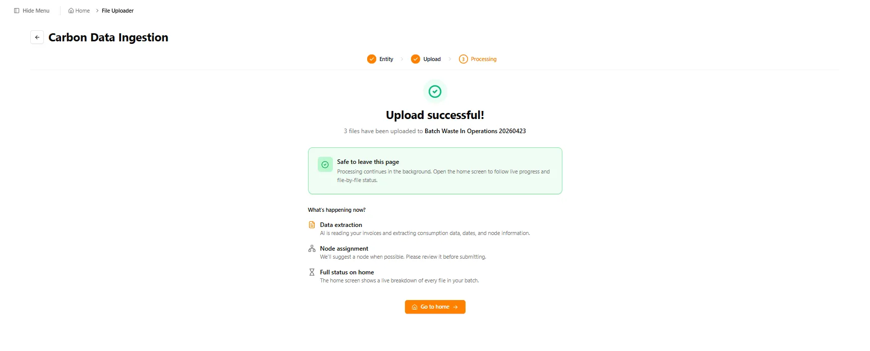 Upload successful confirmation explaining what happens next during background processing