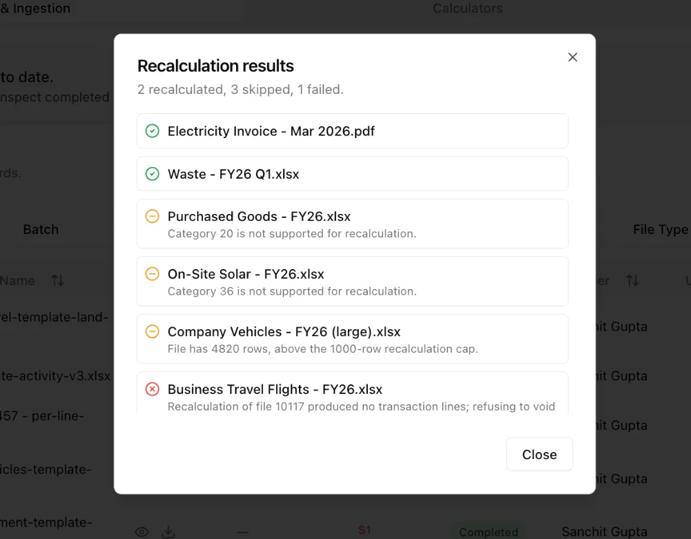 Recalculation results dialog reporting two files recalculated, three skipped with reasons such as unsupported category or exceeding the row cap, and one failed
