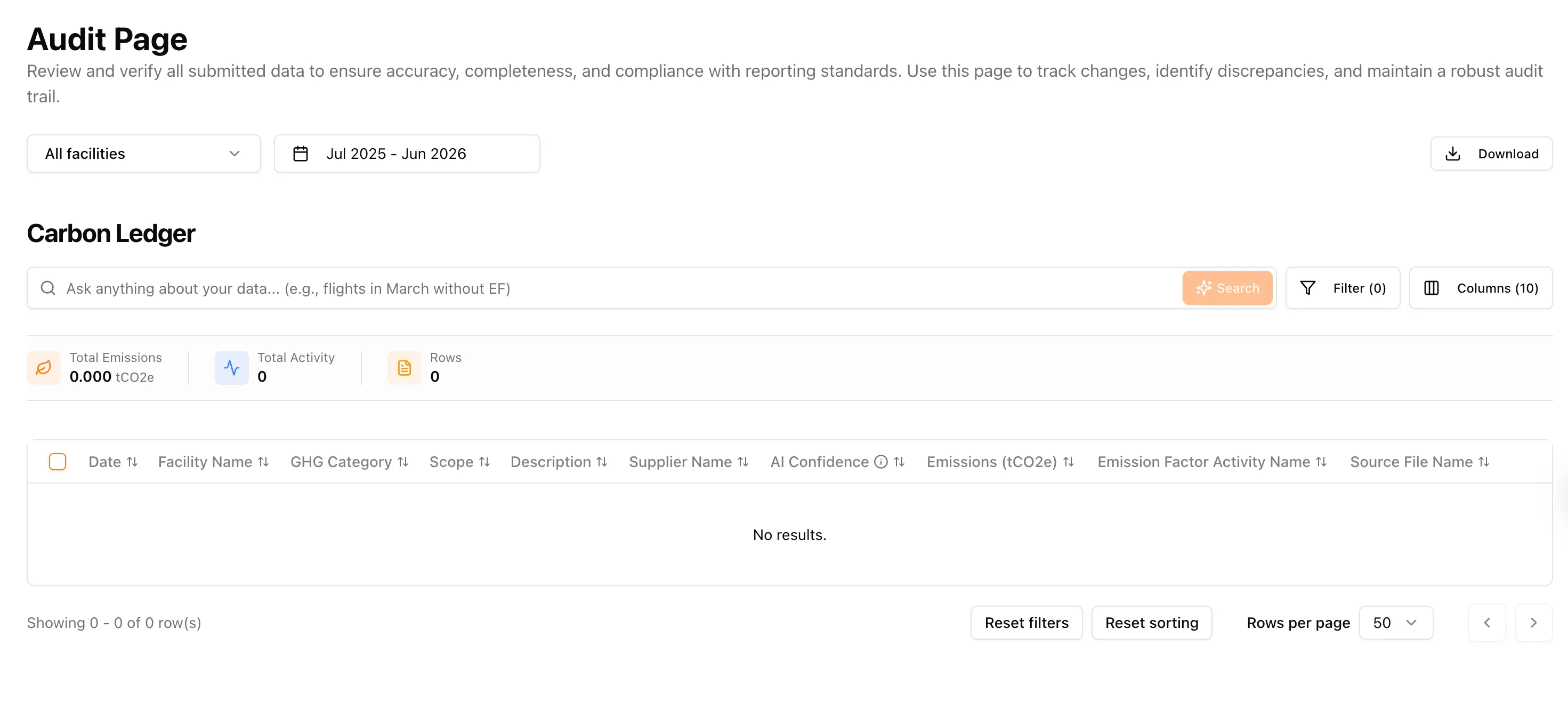Rebuilt Carbon Ledger audit page with AI-powered natural language search bar, advanced filters, summary metrics, and sortable emissions data table