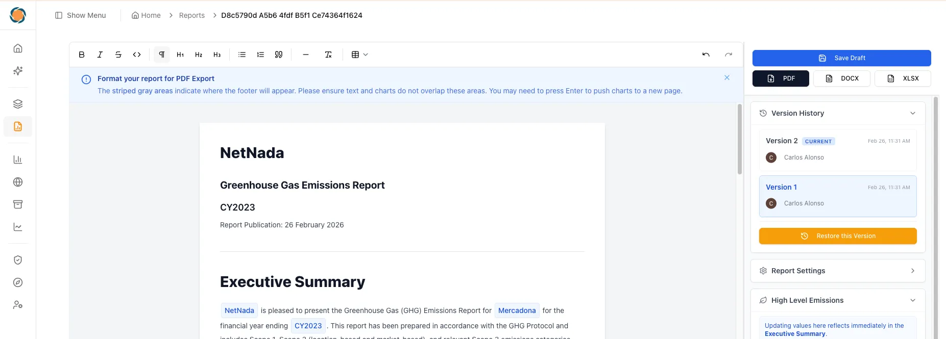 NetNada instant reporting showing a Greenhouse Gas Emissions Report with executive summary and PDF export options