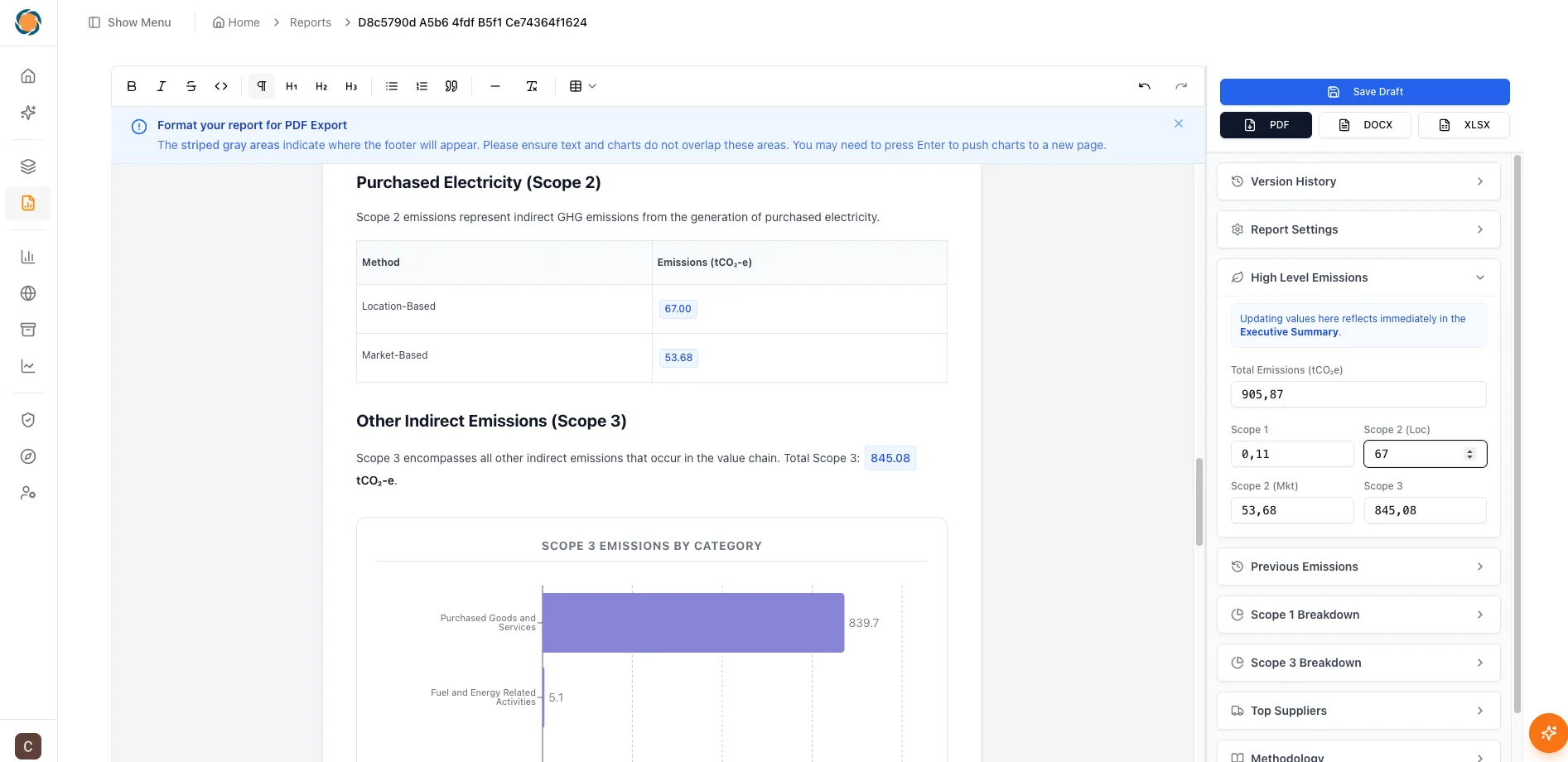 NetNada carbon report showing Scope 2 and Scope 3 emissions breakdown with customisable report settings sidebar