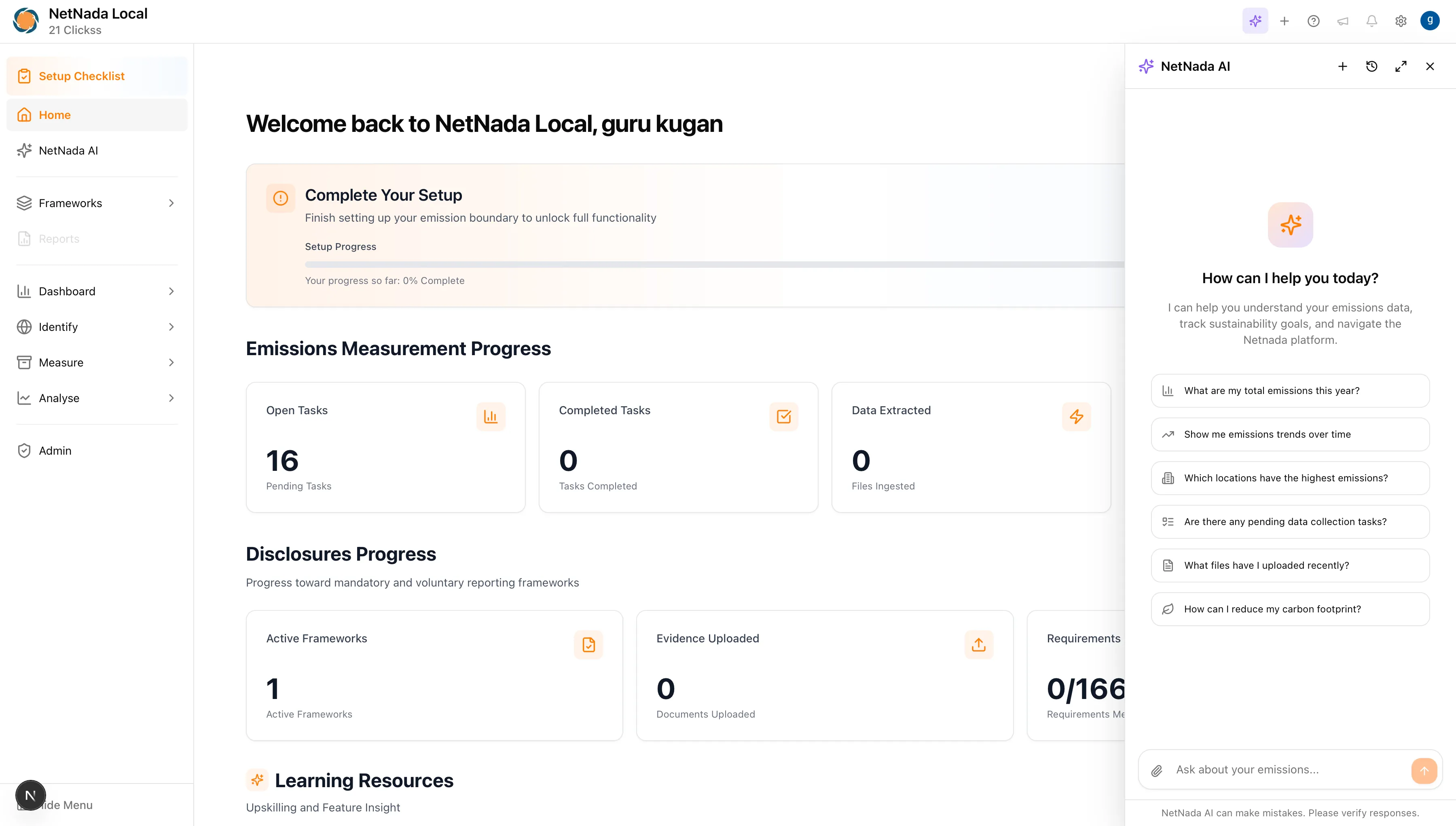 NetNada dashboard showing Nettie AI floating chat widget with emissions measurement progress and suggested questions