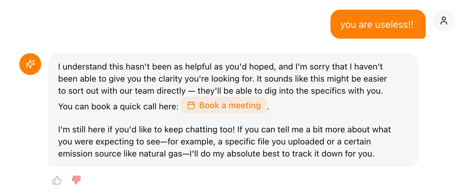 NetNada AI responding to user frustration with empathetic acknowledgment and a one-click link to book a meeting with the Customer Success team