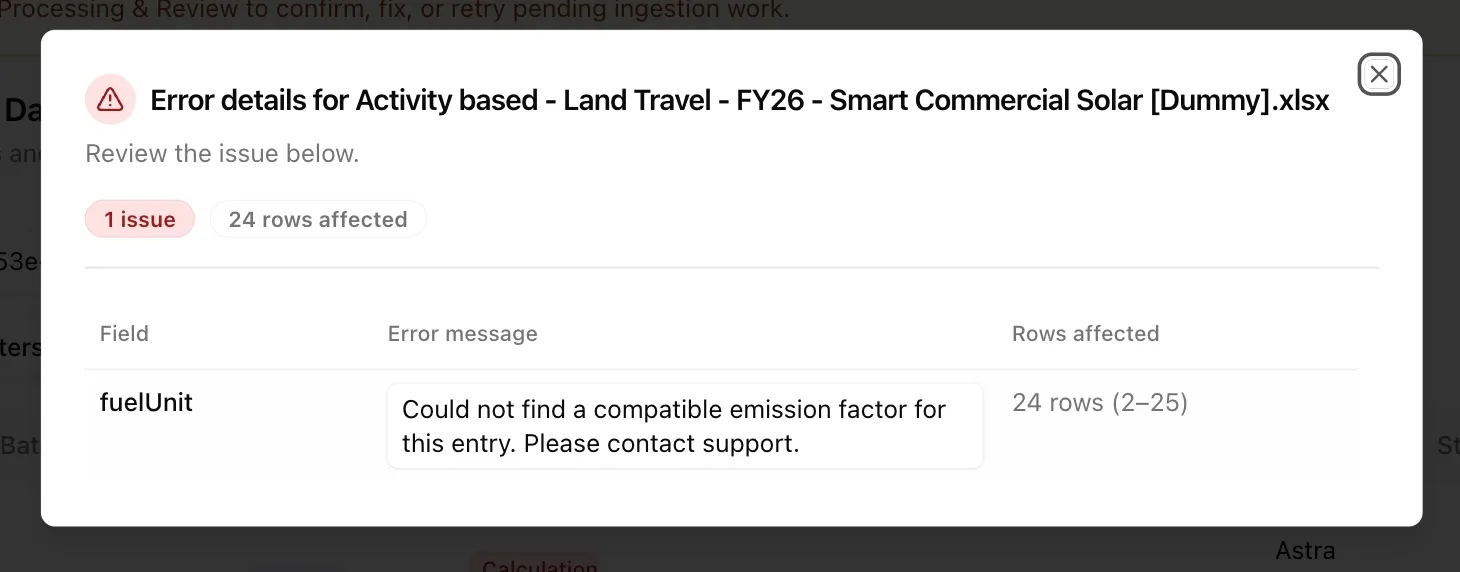 Error details dialog reporting one issue affecting 24 rows, showing the field, the message that no compatible emission factor could be found, and the affected row range