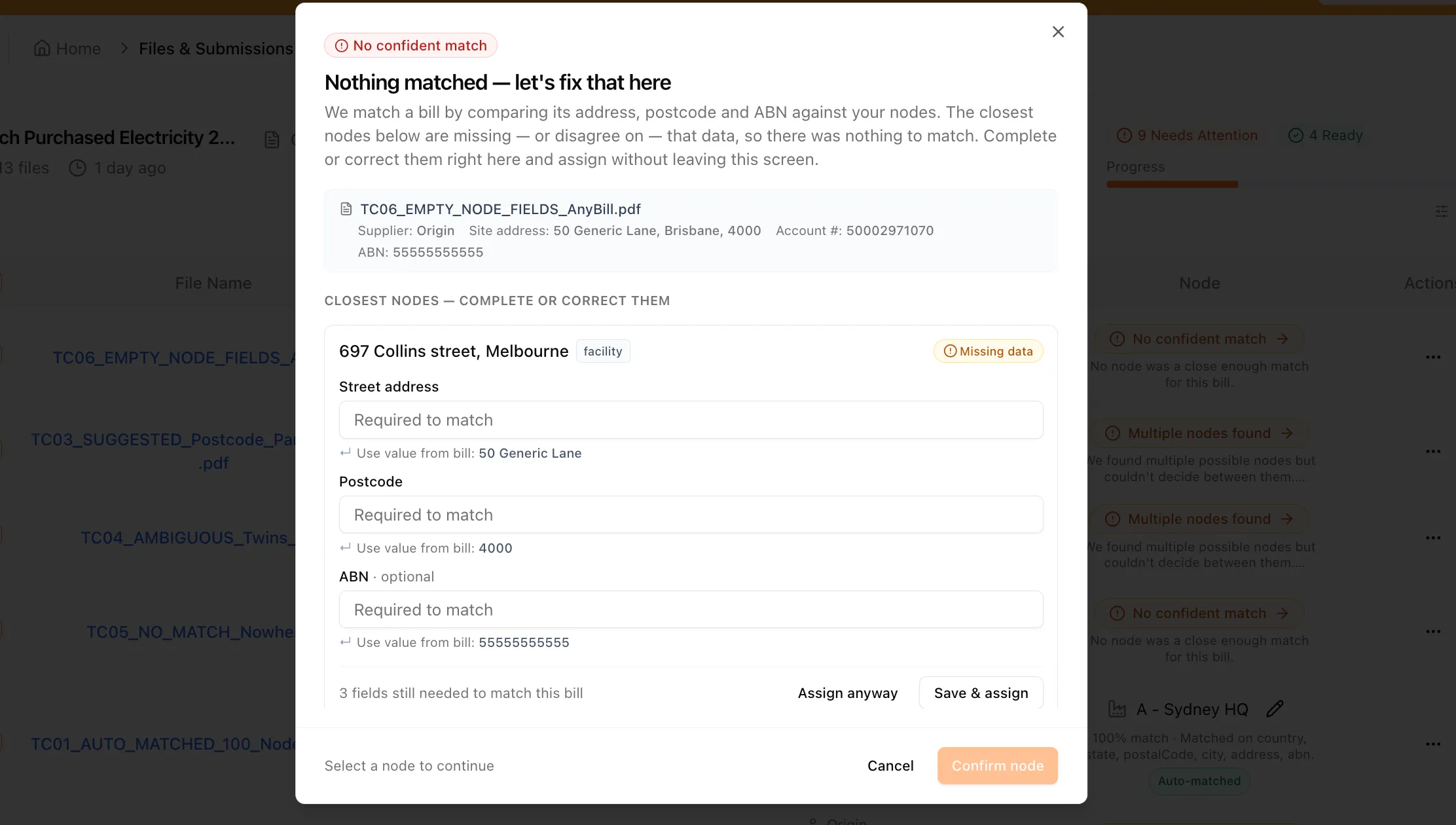 Nothing matched dialog offering to complete a facility's street address, postcode and ABN using values read from the bill, with Assign anyway and Save & assign actions