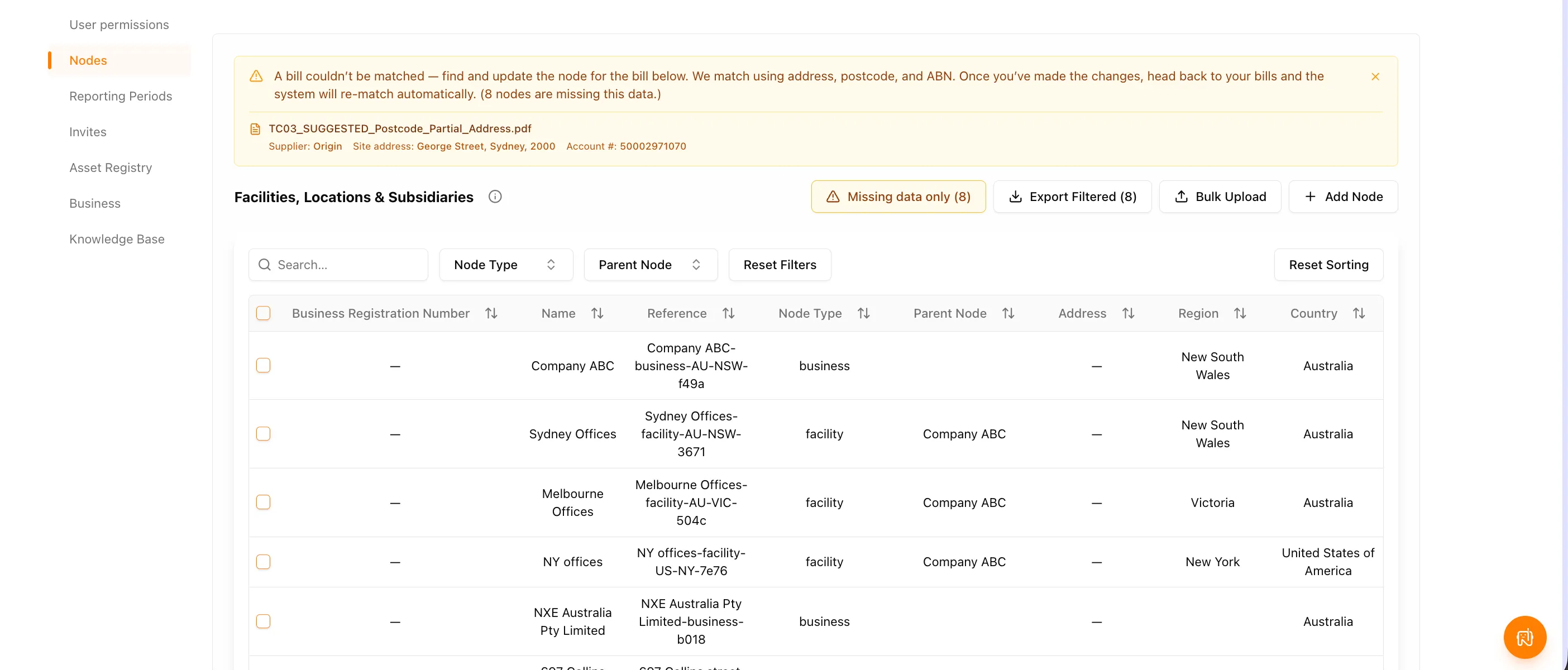 Facilities, Locations & Subsidiaries table with a banner explaining a bill could not be matched, and a Missing data only filter showing the eight nodes lacking address data