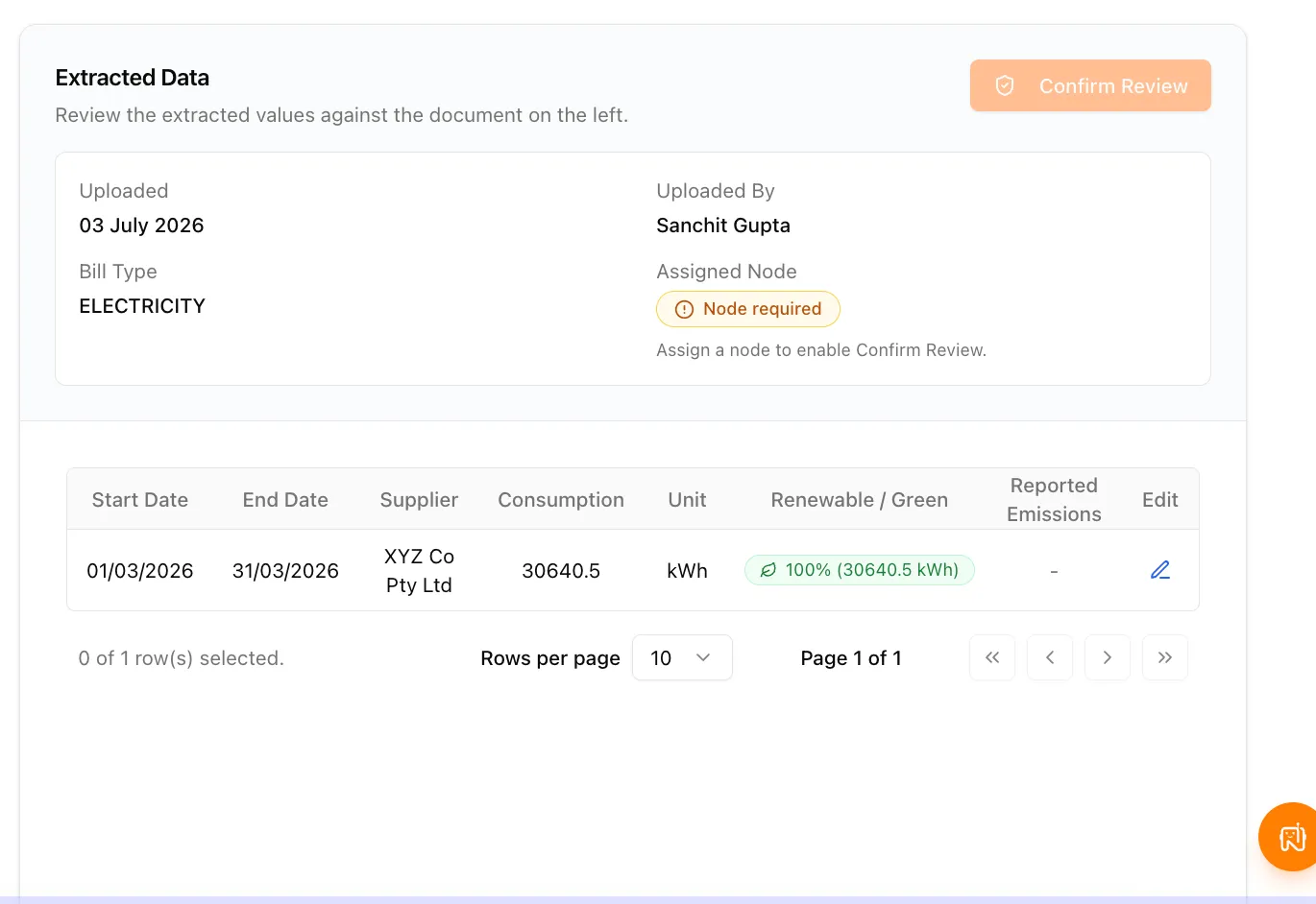 Electricity bill review showing an extracted row of 30,640.5 kWh with a Renewable / Green tag reading 100%