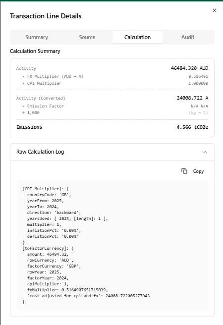 Transaction Line Details Calculation tab showing a calculation summary with FX Multiplier and CPI Multiplier applied to convert activity, the resulting emissions, and an expandable Raw Calculation Log panel
