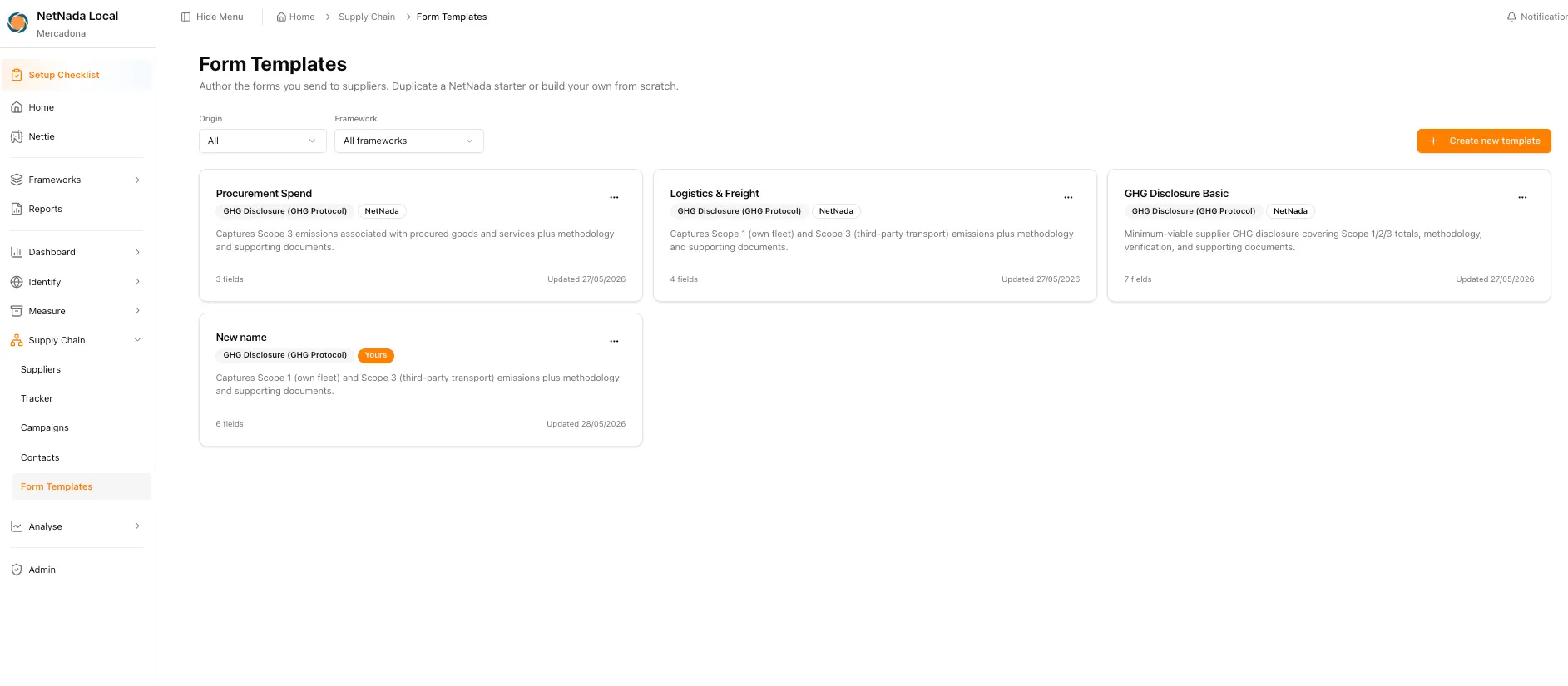 Form Templates screen showing Procurement Spend, Logistics & Freight, and GHG Disclosure Basic starter templates alongside a custom "New name" template marked Yours