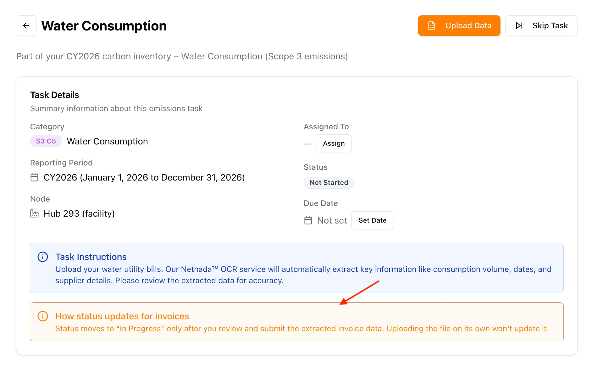 Water Consumption task detail showing a Not Started status and a note explaining that status moves to "In Progress" only after the extracted invoice data is reviewed and submitted