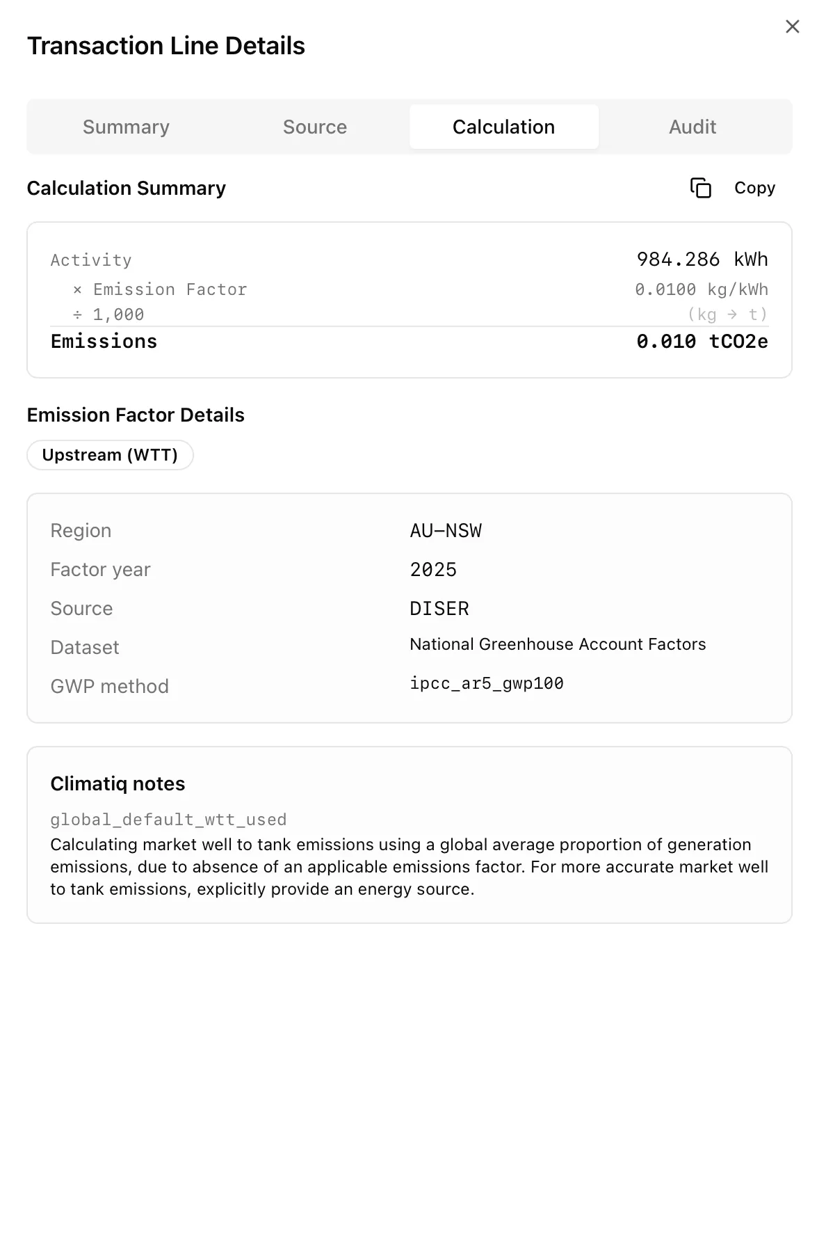 Transaction Line Details Calculation tab for an Upstream (WTT) emission factor, showing region AU–NSW, factor year 2025, the National Greenhouse Account Factors dataset, and Climatiq notes on the well-to-tank calculation
