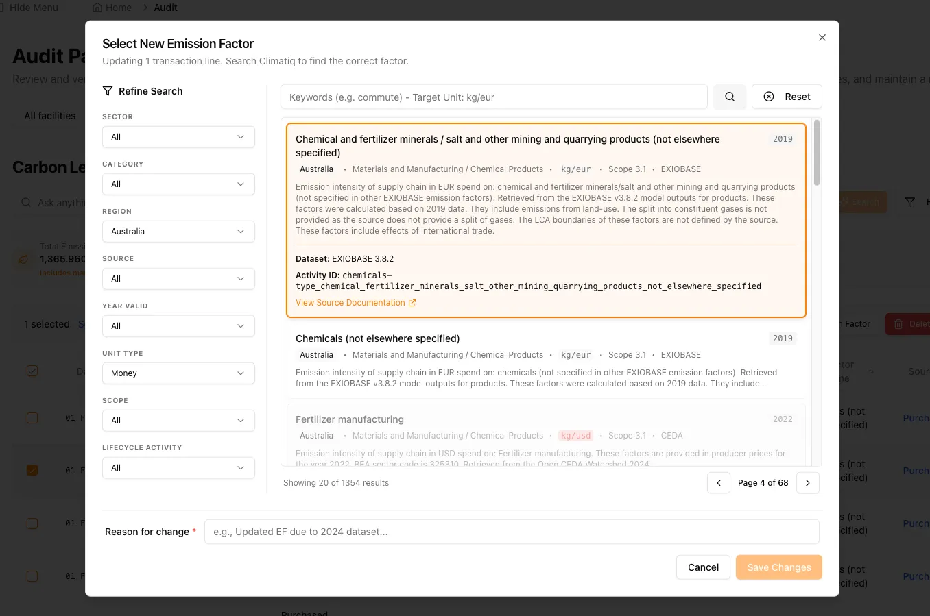 NetNada in-app emission factor selector powered by Climatiq