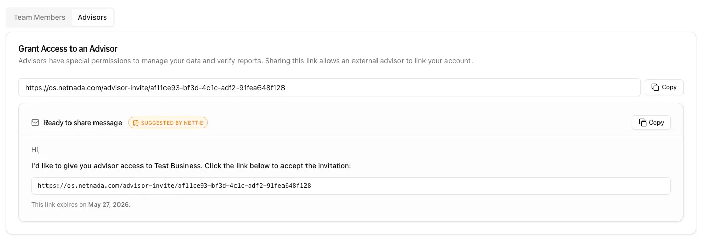 Grant Access to an Advisor panel with a copyable invite URL and a Suggested by Nettie ready-to-share message