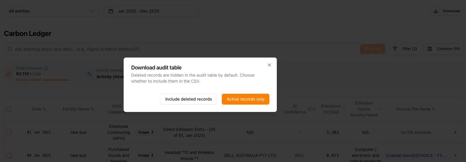 Download audit table modal asking whether to include deleted records or export active records only over the Carbon Ledger view