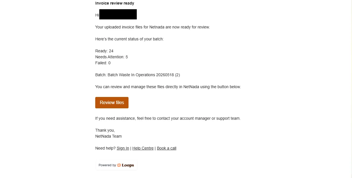 Invoice review ready email showing batch status with Ready, Needs Attention, and Failed counts plus a Review files button