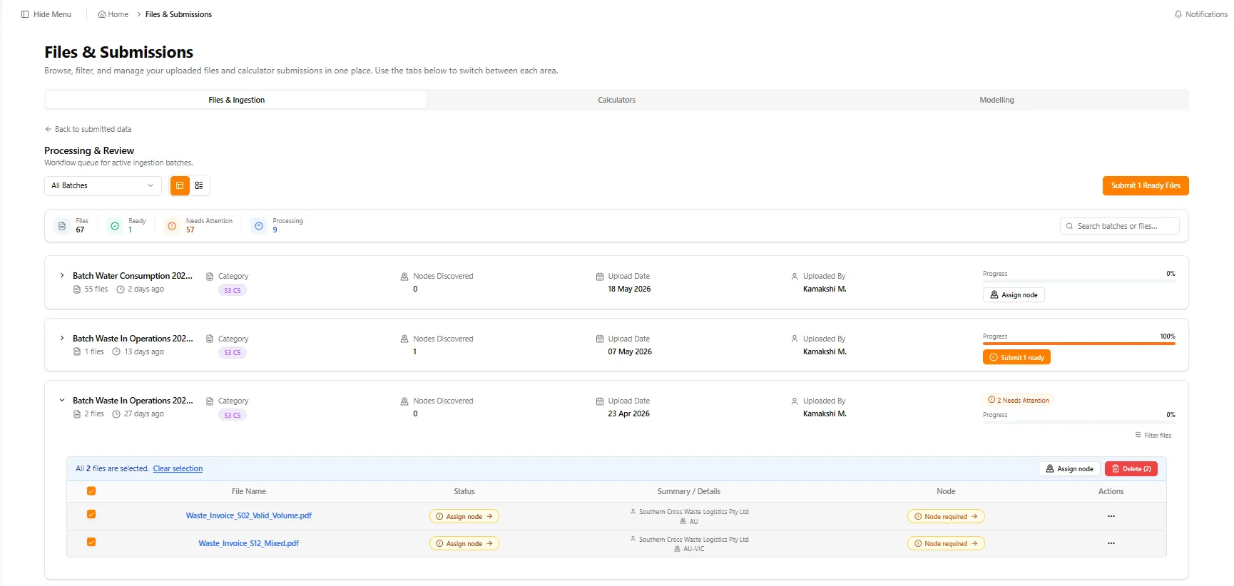 Processing & Review screen showing bulk file selection with Assign node and Delete actions across an ingestion batch