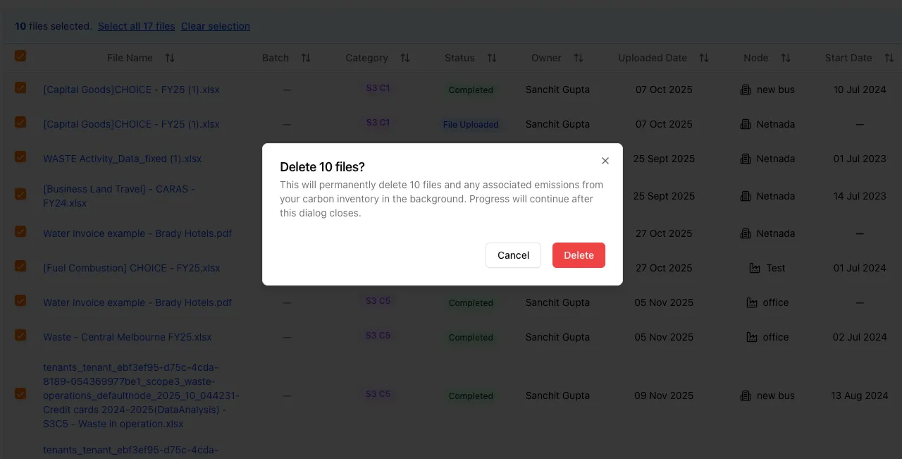 Delete 10 files confirmation dialog over a Files table with checkboxes selected across multiple rows