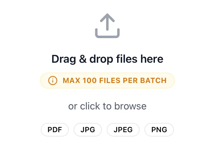 Drag-and-drop file uploader showing the new MAX 100 FILES PER BATCH callout