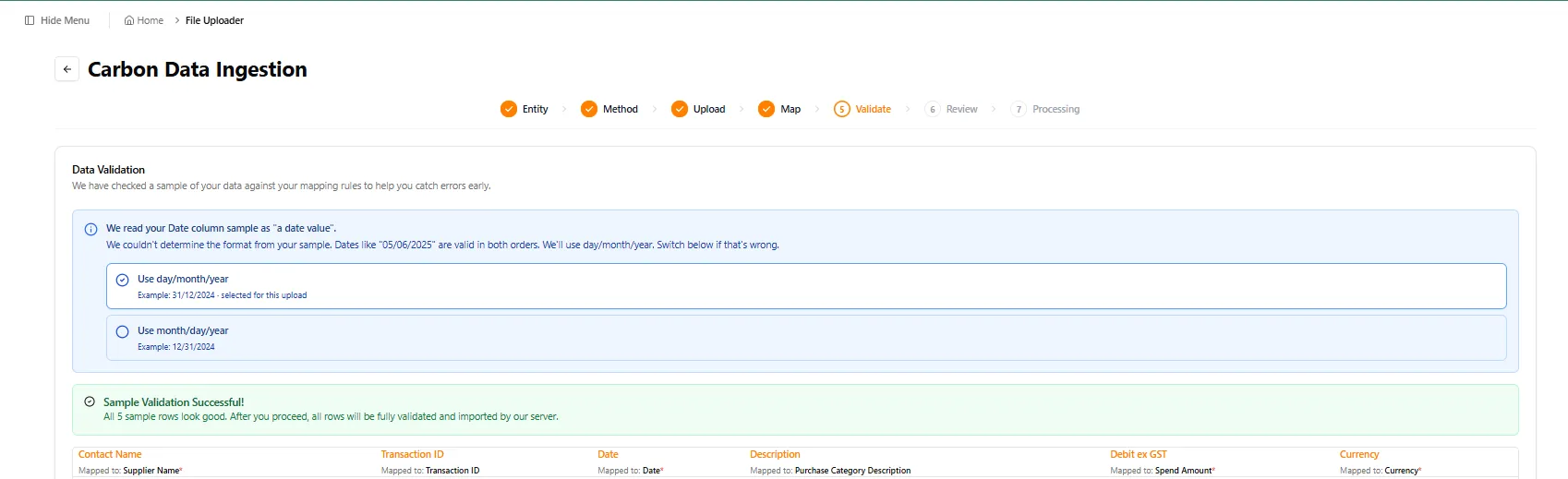 Data validation step prompting Use day/month/year or Use month/day/year for a sample date of 05/06/2025