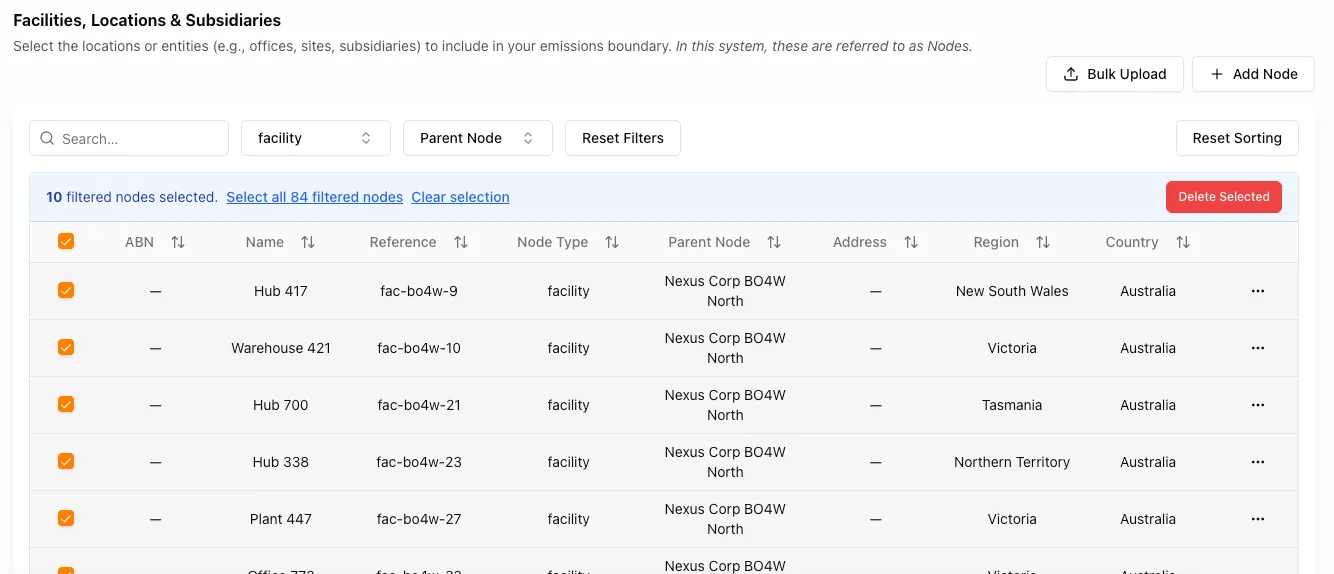 Facilities, Locations &#x26; Subsidiaries table with a facility filter applied and Select all 84 filtered nodes prompt visible