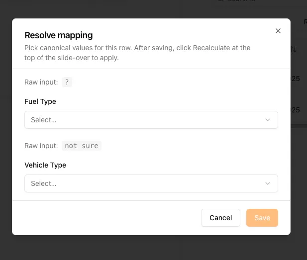 Resolve mapping modal asking the user to pick canonical Fuel Type and Vehicle Type values for an unmapped row