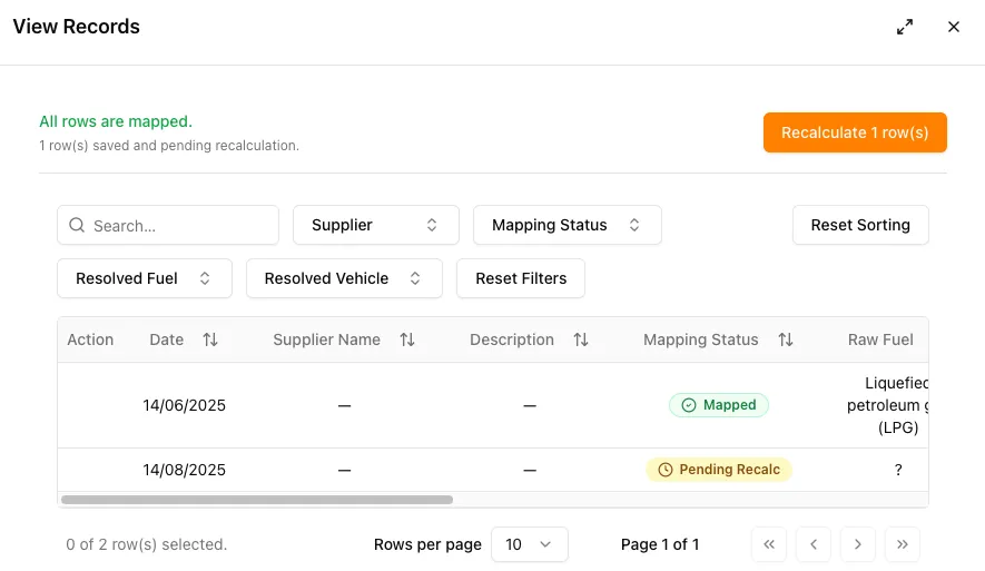 View Records panel showing All rows are mapped with a Recalculate 1 row(s) button and a Pending Recalc status badge