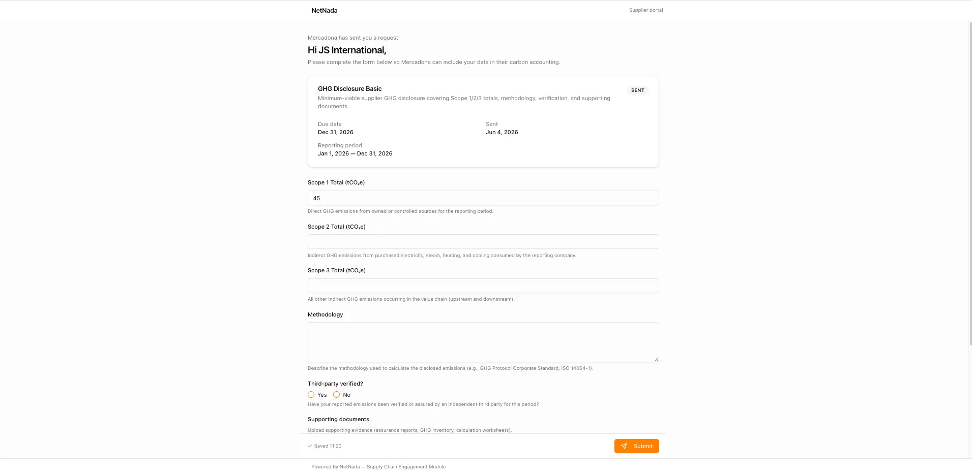Supplier portal form for GHG Disclosure Basic showing Scope 1/2/3 total inputs, methodology, third-party verification, and a supporting documents upload, powered by the NetNada Supply Chain Engagement Module