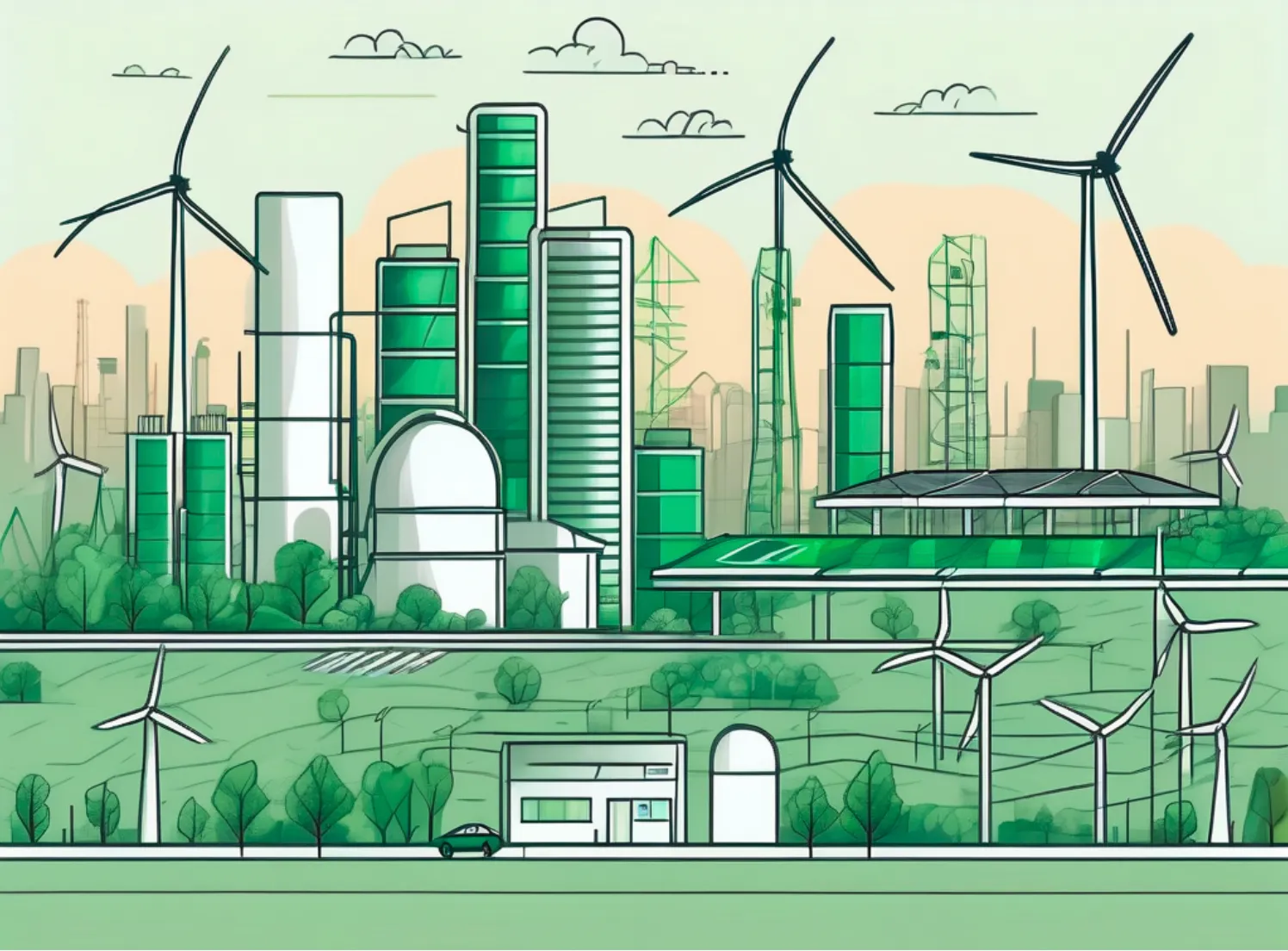 Image of a green supply chain with windmills and low emissions factory