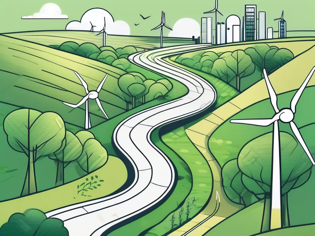 Image of a green landscape with trees and wind turbines with a road path leading to a city