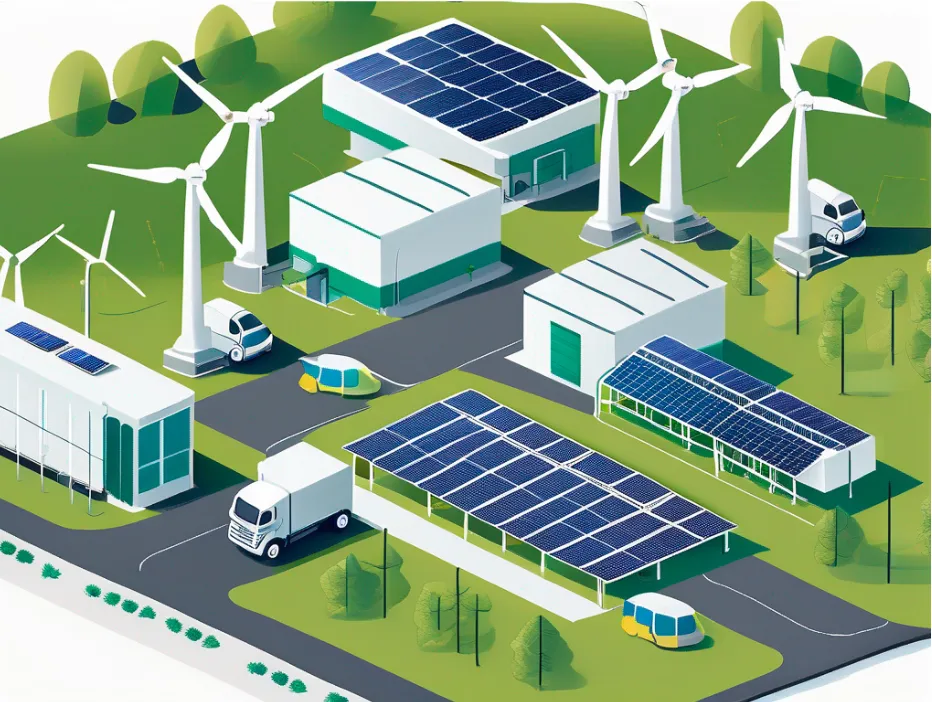 Image of a sustainable warehouse factory that uses solar panels and windmills for energy