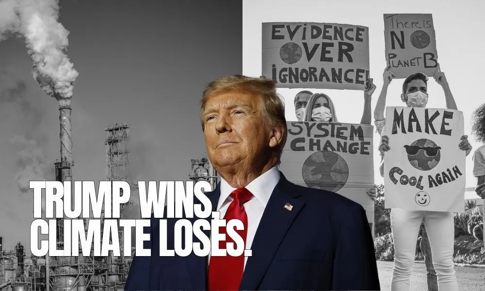 Donald Trump beside fossil fuels and climate protest