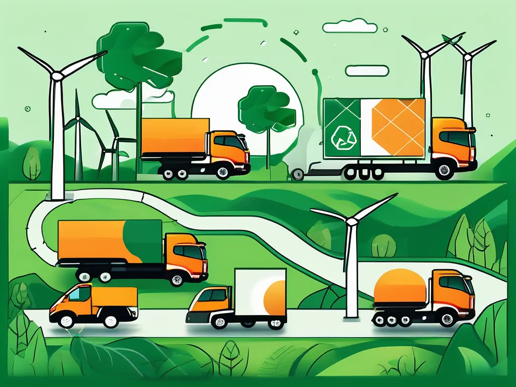Image of Green landscape with orange delivery trucks on the road and wind turbines