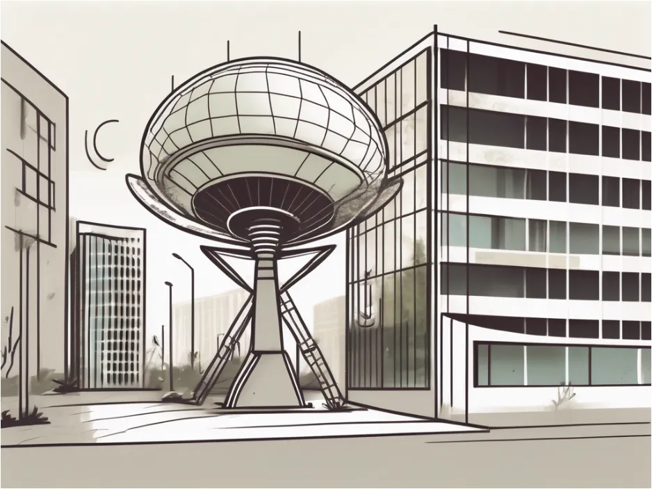 Image of a corporate building next to an interestingly shaped building