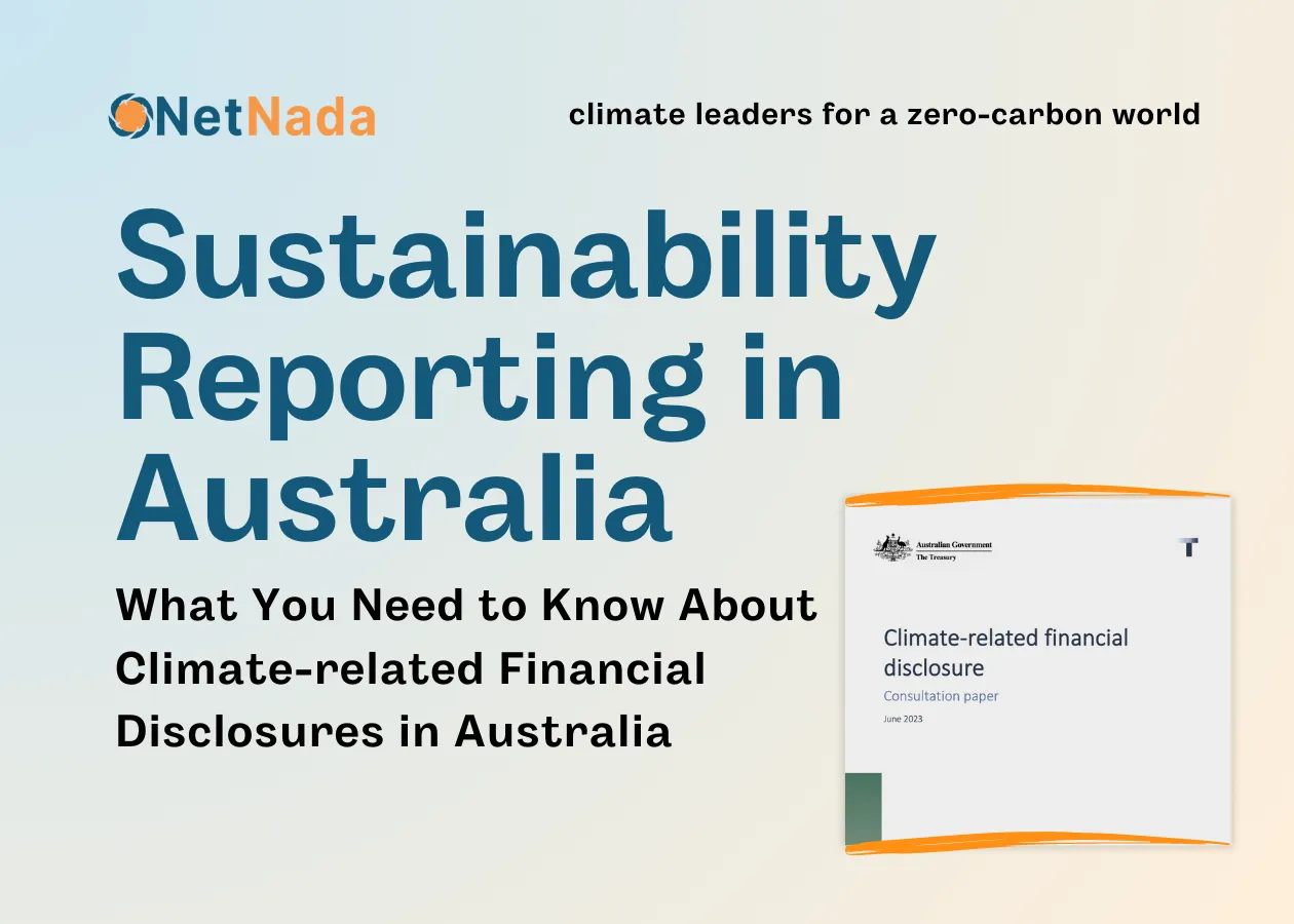 Title of article on blue and orange gradient background with a photo of a Australian Treasury 2023 public climate-related disclosure consultation paper