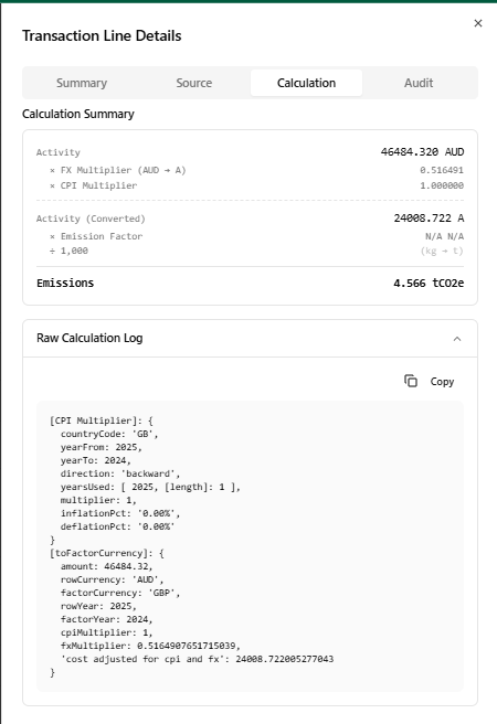 Calculation tab showing a step-by-step chain with currency multipliers applied and an expandable raw calculation log