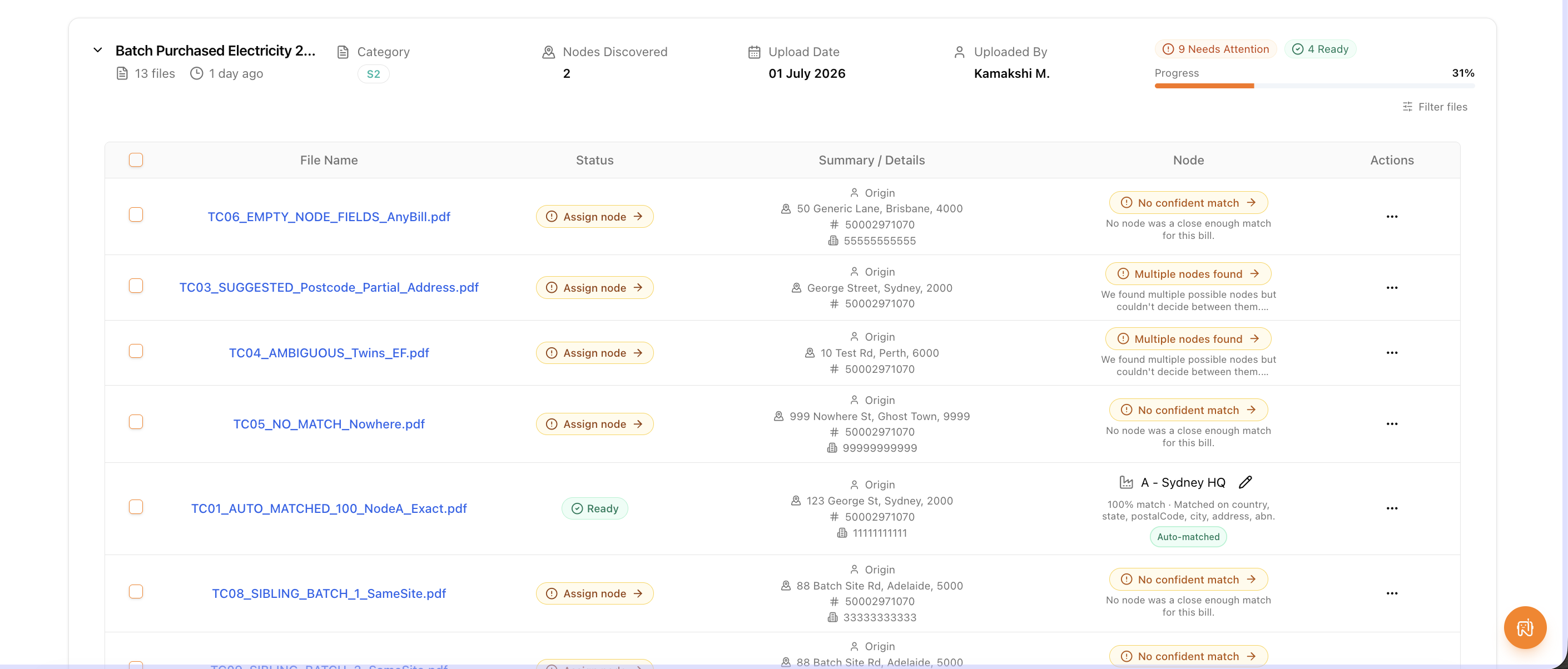 Batch of electricity bills showing per-bill matching statuses, including an auto-matched bill assigned at 100% and rows needing a decision