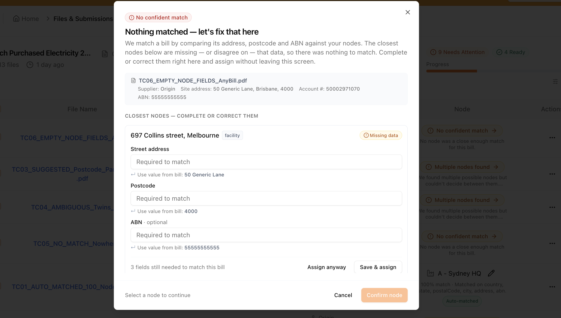 Dialog offering to complete a location's missing address details using values read from the bill, then save and assign